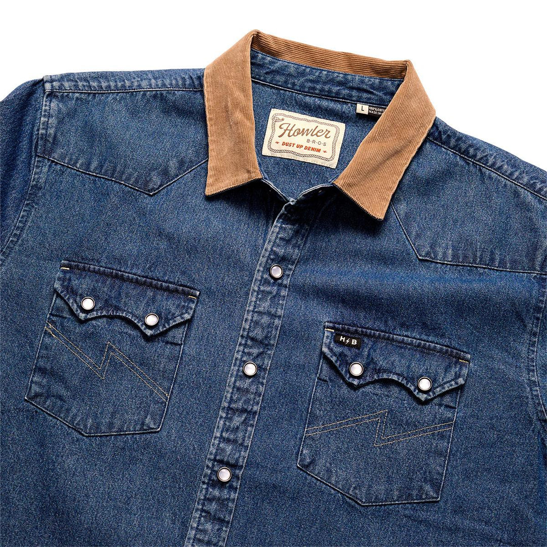 Howler Brothers Dust Up Denim Long Sleeve Shirt Mens in Nelson Dark Wash