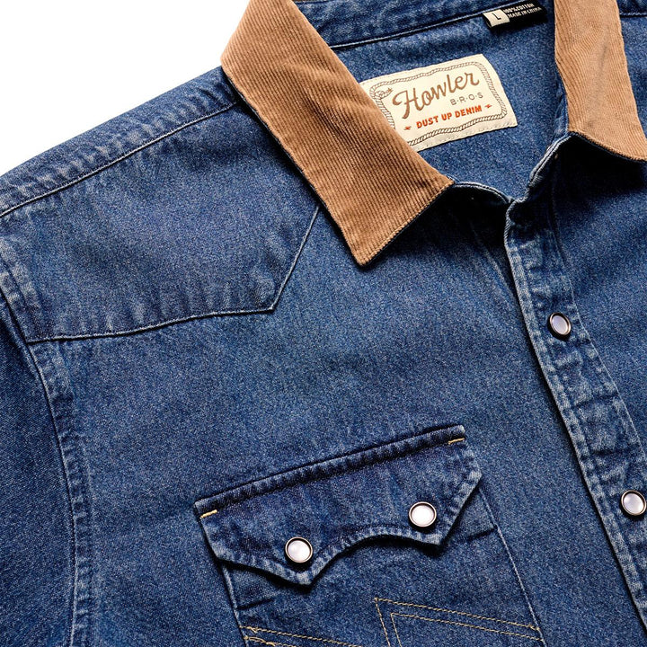 Howler Brothers Dust Up Denim Long Sleeve Shirt Mens in Nelson Dark Wash