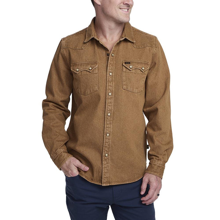 Howler Brothers Dust Up Denim Long Sleeve Shirt Mens in Owens Oaker Wash