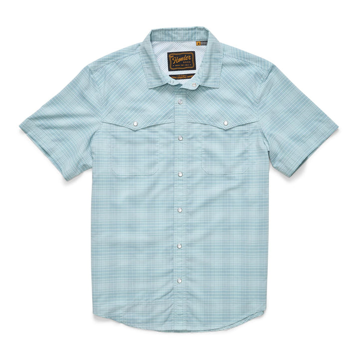 Howler Brothers Open Country Tech Shirt Men's in Coopers Plaid Sterling Blue