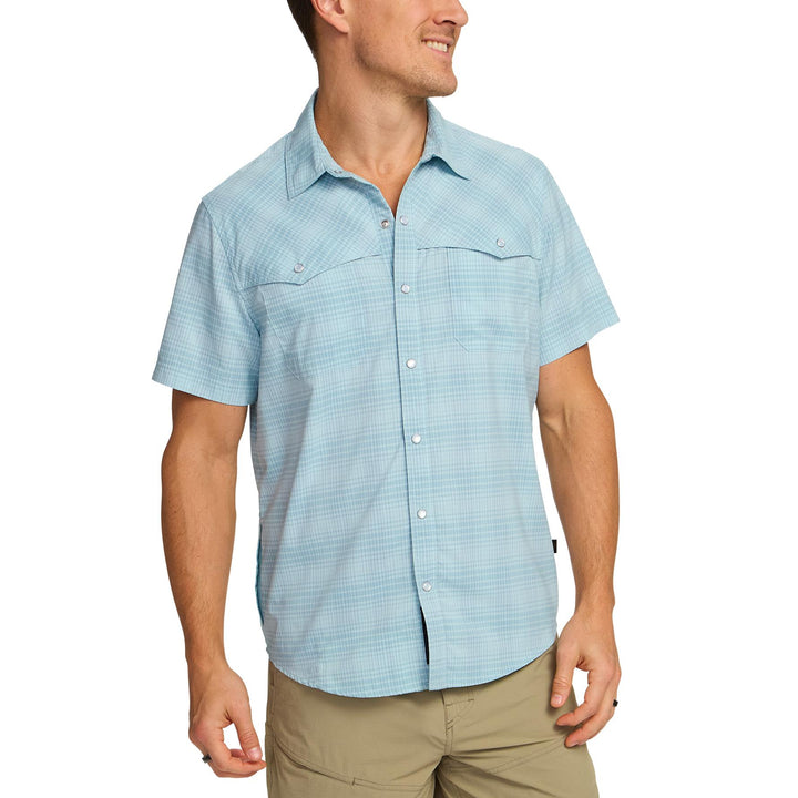 Howler Brothers Open Country Tech Shirt Men's in Coopers Plaid Sterling Blue