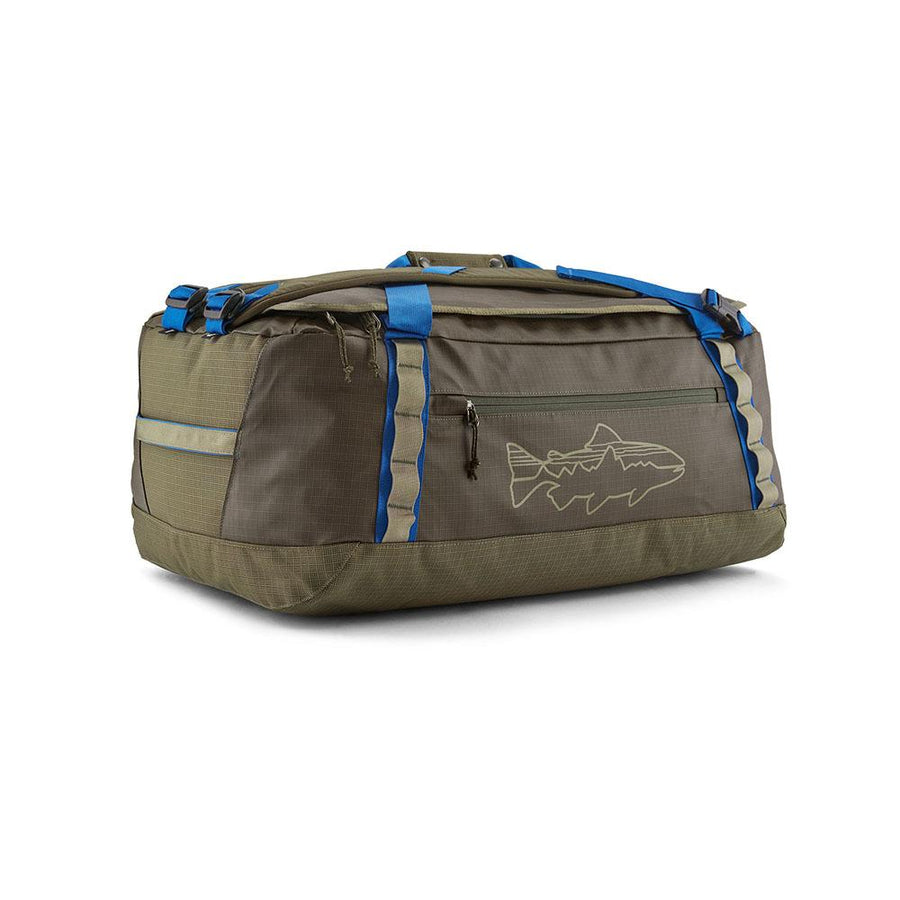 Patagonia Black Hole Duffel 55L in Basin Green with Fitz Trout