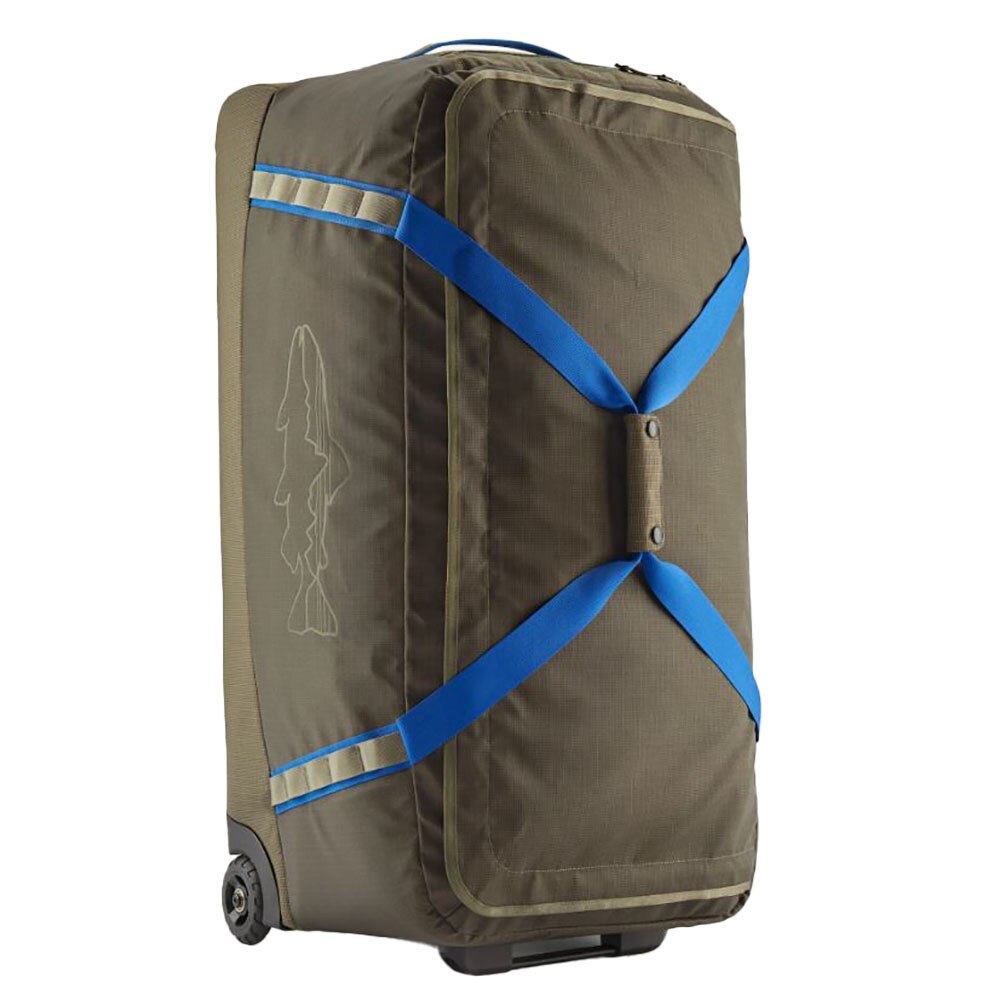 Patagonia Matte Black Hole Wheeled Duffel 100L in Basin Green with Fitz Trout