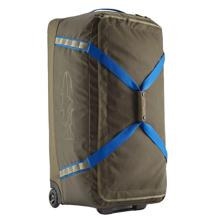 Patagonia Matte Black Hole Wheeled Duffel 100L in Basin Green with Fitz Trout