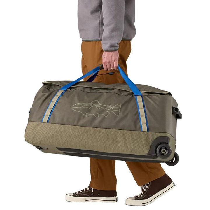 Patagonia Matte Black Hole Wheeled Duffel 100L in Basin Green with Fitz Trout