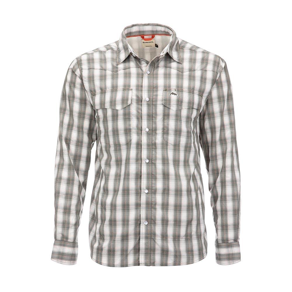 Simms Big Sky Long Sleeve Shirt Men's in Dark Stone and Coral Plaid
