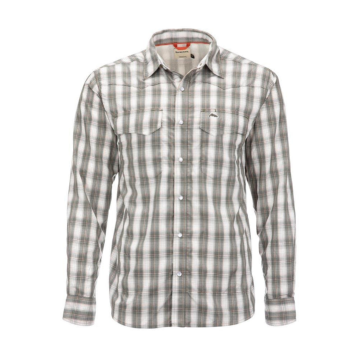 Simms Big Sky Long Sleeve Shirt Men's in Dark Stone and Coral Plaid