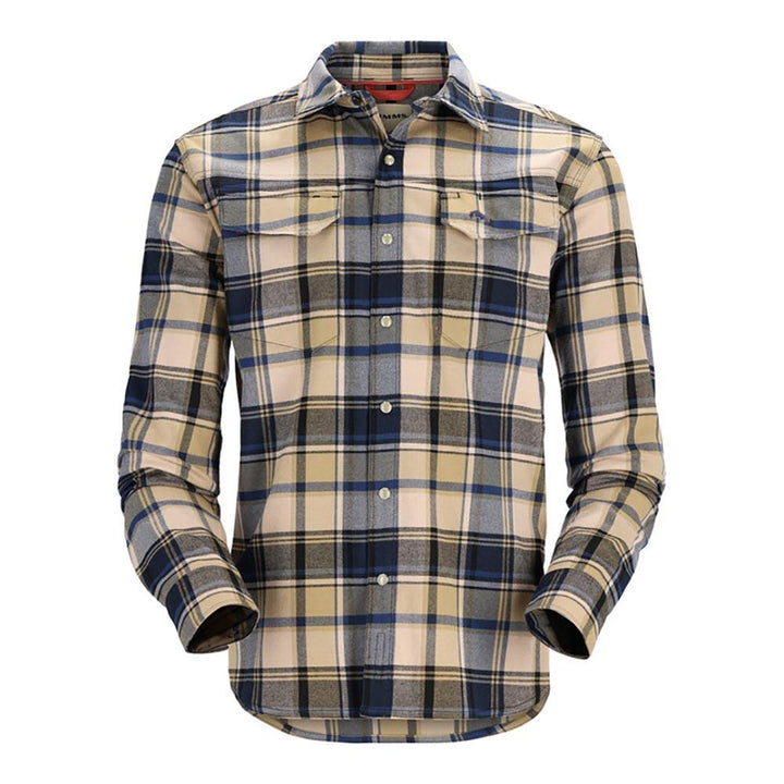 Simms Gallatin Flannel Long Sleeve Shirt Men's in Camel and Navy Woodsman Plaid