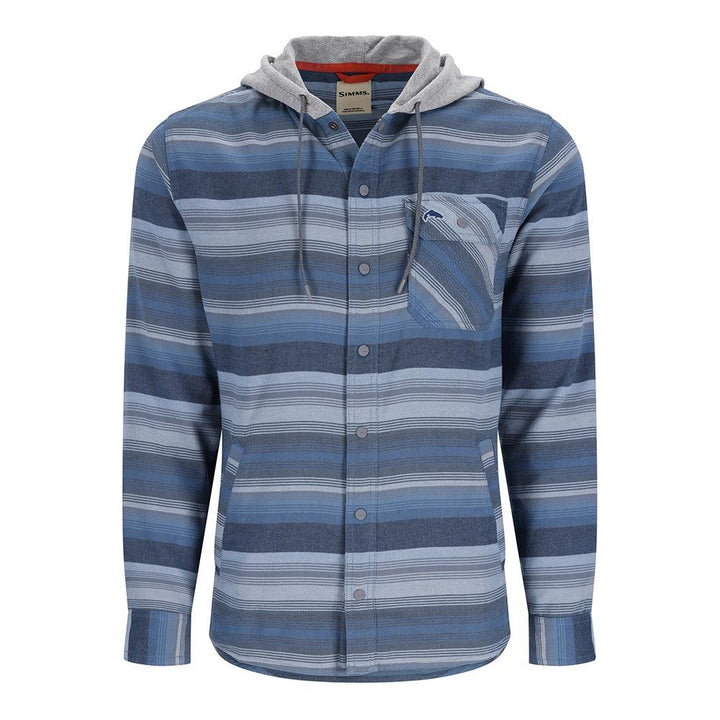 Simms Santee Flannel Hoody Men's in Midnight and Neptune Blue Stripe
