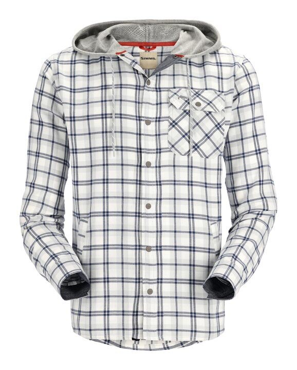 Simms Santee Flannel Hoody Men's in Navy and Storm and Steel Blue Stripe