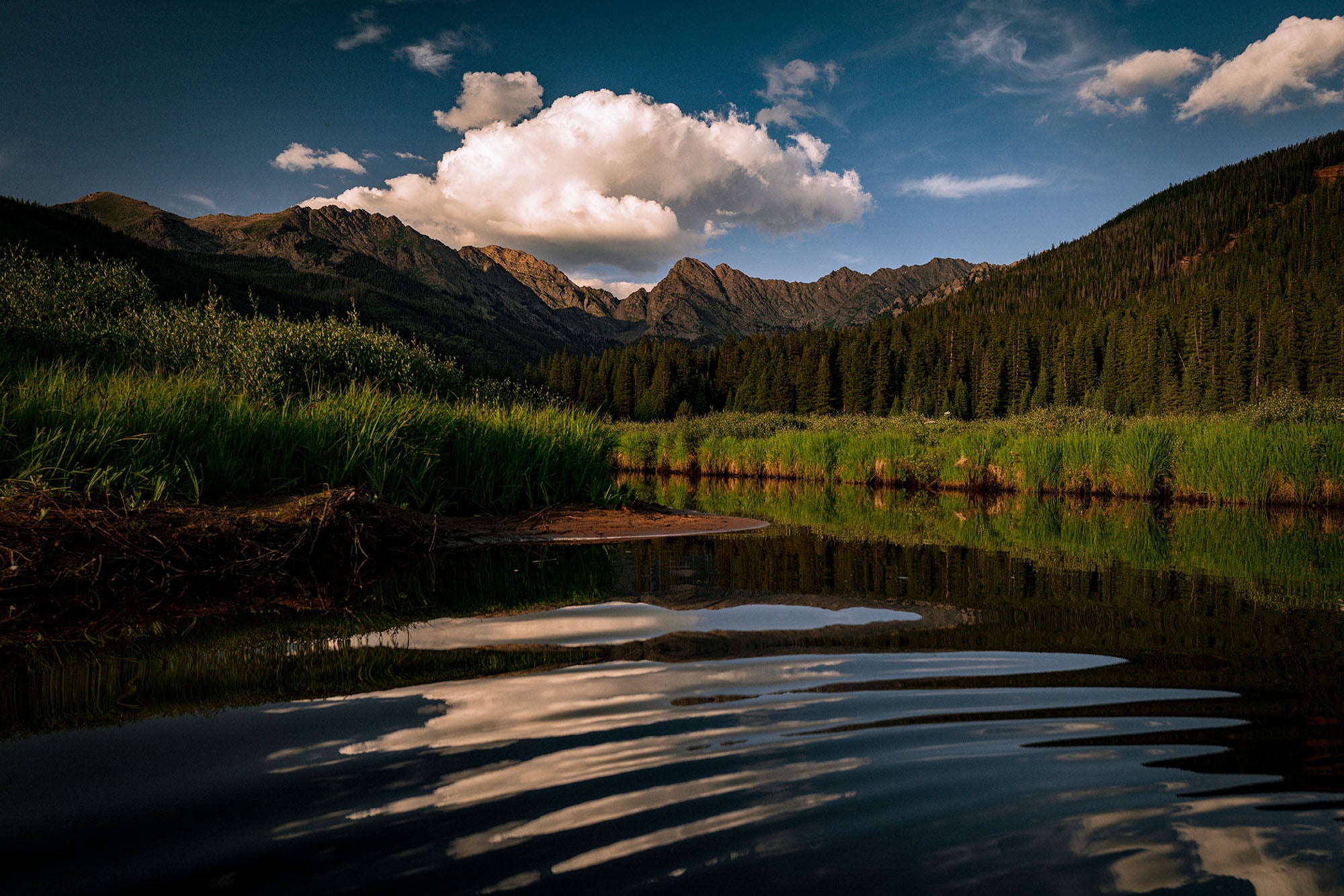 A view of the calm waters of Colorado's Piney River with mountains in the background.