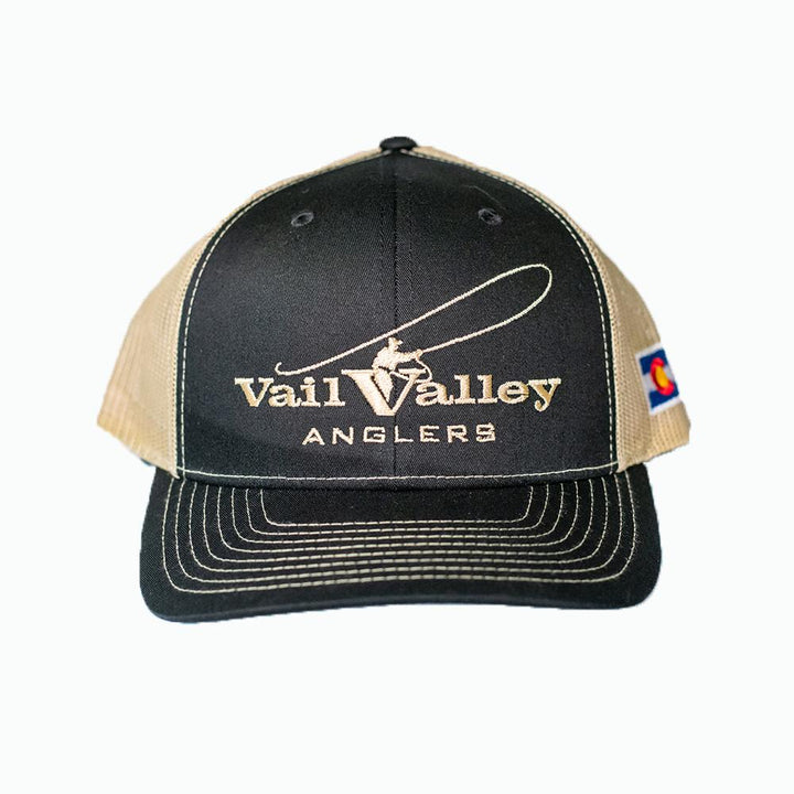 VVA Logo Embroidered Trucker Hat in Black and Vegas Gold