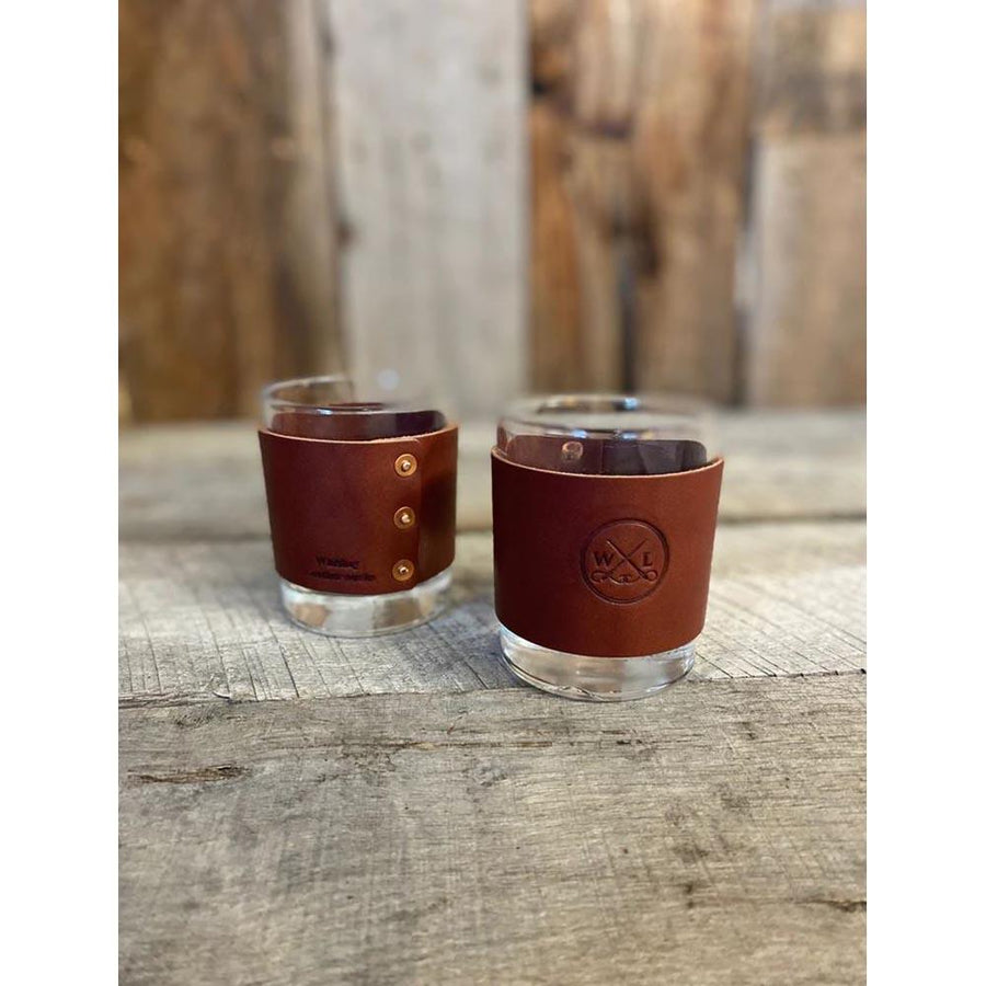 Whiskey Leatherworks Fly Stamped Rocks Glasses Single in Chestnut English Bridle BeadHead